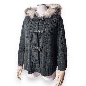 LOFT Moss Green Alpaca Blend Knit Cape Fur Trimmed Hood Toggle Buttons
